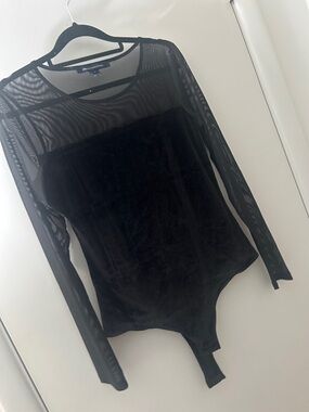 French Connection Black Sheer Mesh Velvet Long-Sleeve Bodysuit - Women